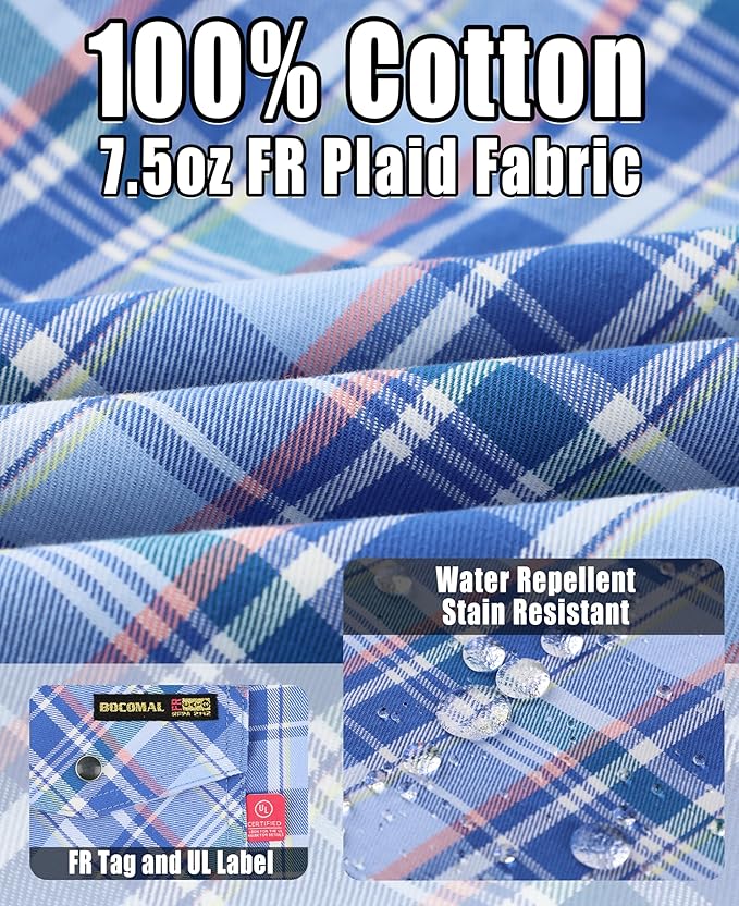 BOCOMAL FR Shirts Flame Resistant 100% C NFPA2112 7.5oz Men's Fire Retardant Welding Shirt