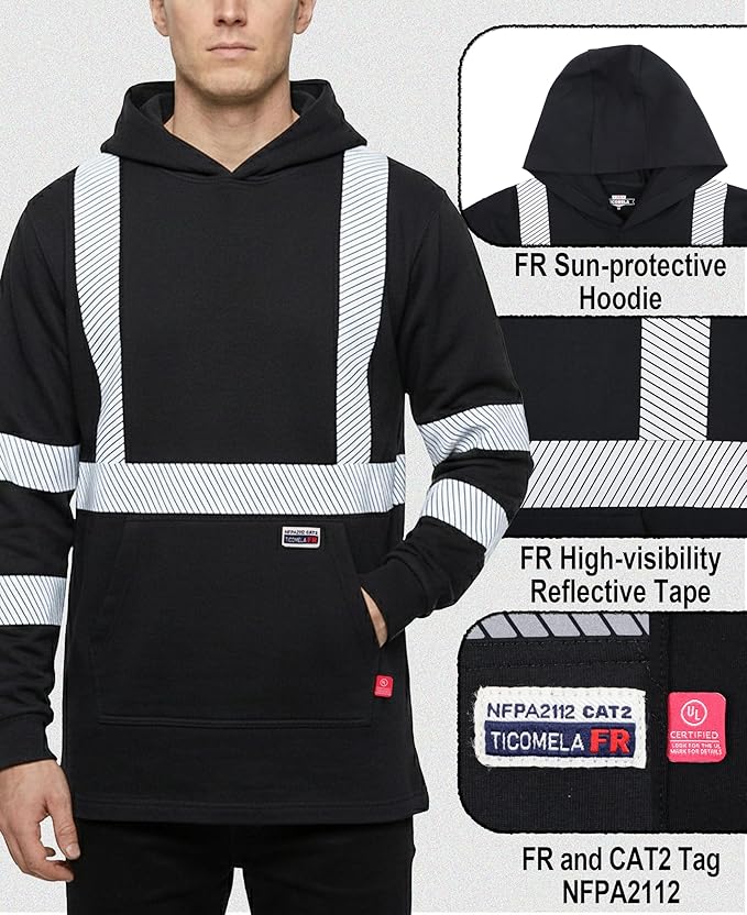 TICOMELA FR Shirts Pullover High Visibility 6oz Lightweight Hi vis Flame Resistant Reflective Hooded Work Shirt