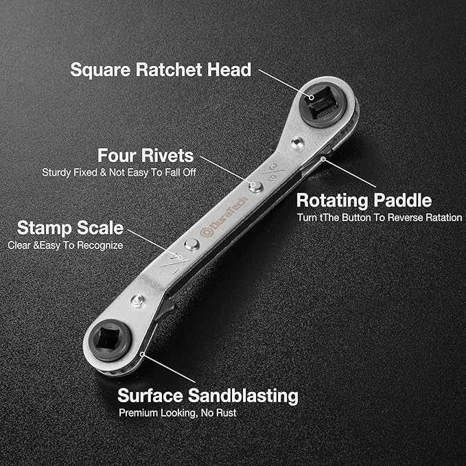 DURATECH HVAC Service Wrench Set, Refrigeration Wrench, 3/16", 1/4", 5/16", 3/8", for Air Conditioning & Refrigeration Equipment, with Hex Bit Adapter