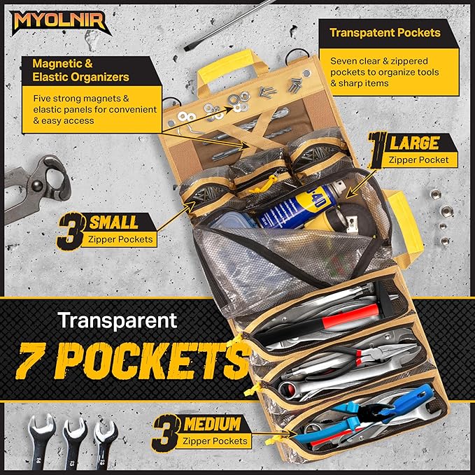 Roll Up Tool Bag Organizer With Kickstand - Compact Heavy Duty Motorcycle Tool Roll Bag Organizer - Portable Rollup Toolbag With Magnetic Panels & Transparent Pockets - Mechanic & Electrician