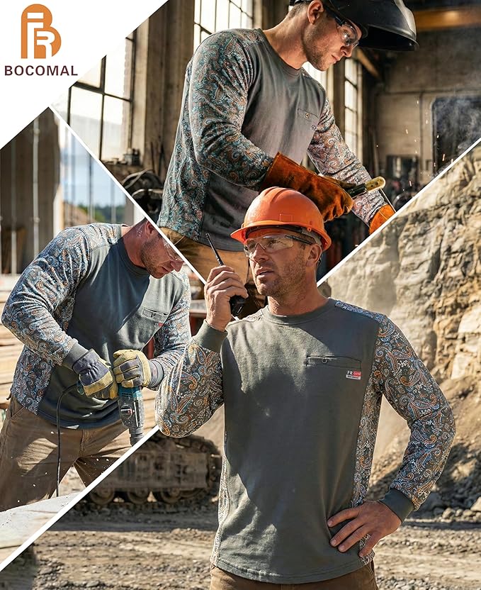 BOCOMAL FR Shirts Crewneck 5.5oz Lightweight Cotton Paisley Camo Two-Tone Flame Resistant Long Sleeve CAT2 Work Shirt
