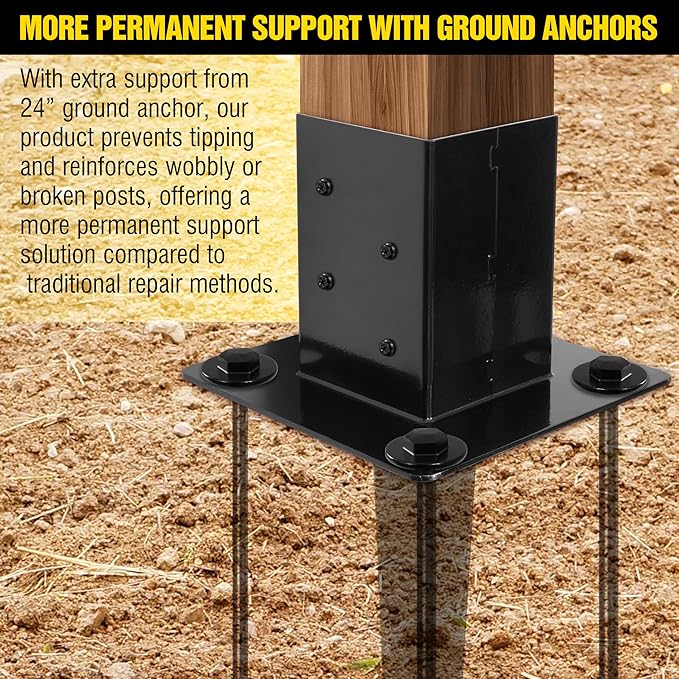 Set of 4 4x4 Fence Post Anchor Ground Spike 24” Length with Ground Anchors Screw in - Metal Black Powder Coated – Mailbox Post Anchors – Fit 3.5x3.5 Square