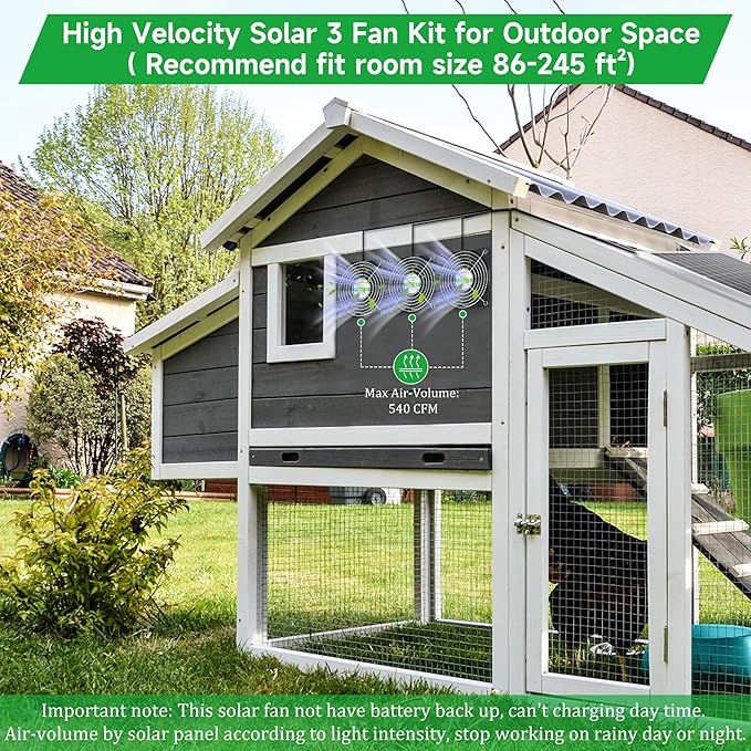 Solar 3 Fan Kit for Intake or Exhaust air, Weatherproofed Solar Powered Fans for Outside Chicken Coops, Greenhouses, Shed, Pet House Air Ventilation