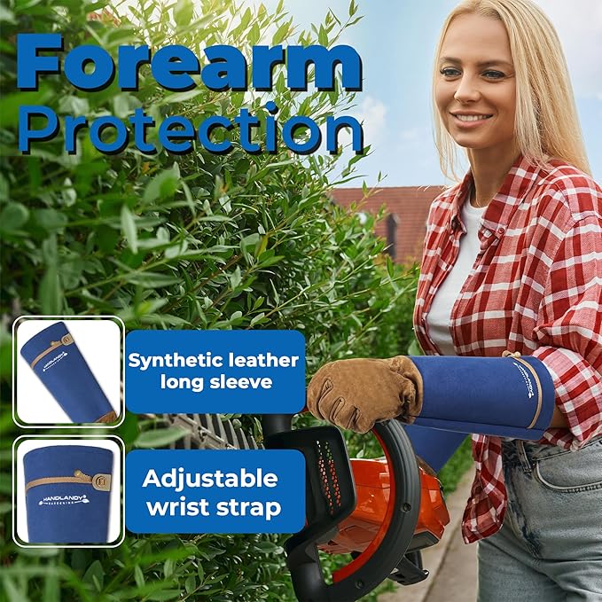 HANDLANDY Long Gardening Gloves for Men & Women, Pigskin Leather Rose Pruning Gloves, Breathable Thorn Proof Gauntlet Glove (Blue, S)