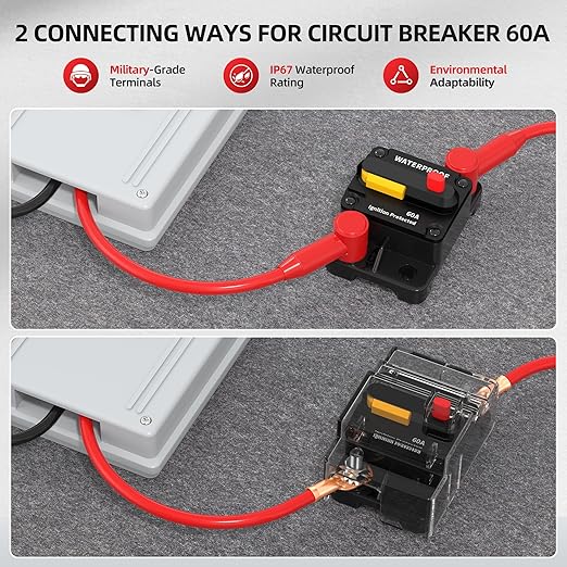 60 Amp Circuit Breaker with Manual Reset Switch, Waterproof DC 12V-48V Inline Fuse Replacement for Trolling Motor, Boat, Marine, RV, ATV, Solar, Car Audio Systems