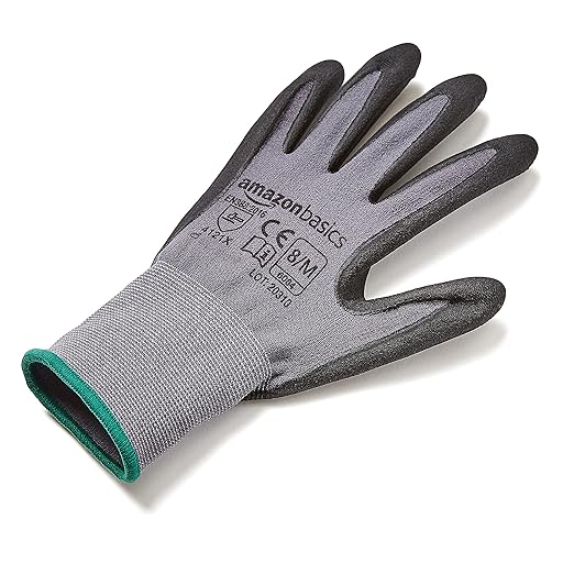 Amazon Basics Micro-Foam Nitrile Coated Safety Work Gloves, Nylon Liner Fiber, Touch Screen Compatible, Grey, Size 8, Medium, 6-Pack