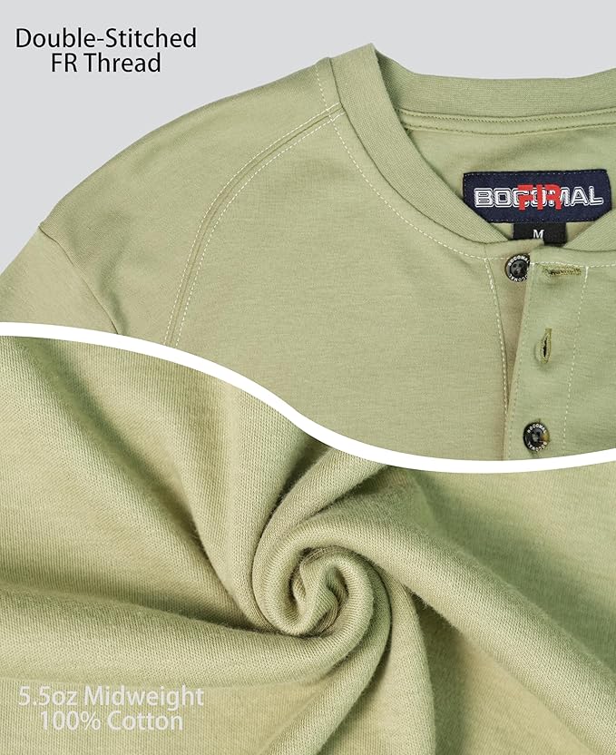 BOCOMAL Men's FR Henley Shirt Flame Resistant 5.5oz Cotton Long Sleeve Workwear UL NFPA2112 CAT2 Welding Tee