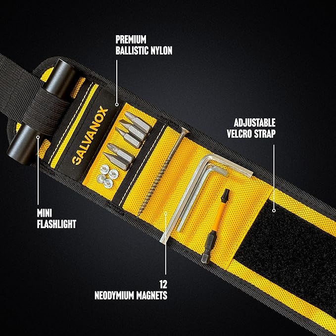 Galvanox Magnetic Wristband with Hands-Free Work Light (3-Mode) for Holding Screws Nails and Drill Bits, Durable Nylon with Powerful Magnets - Tool Gift for Men, Dad, Husband, Handyman (Yellow)