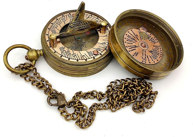 Pocket Sundial Compass, Both Side on lid Handwork.