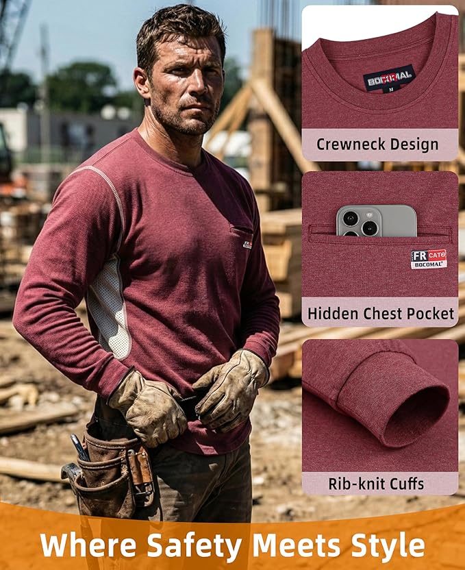 BOCOMAL FR Shirts for Summer Breathable Vented Design 6oz Heather Jersey Flame Resistant Long Sleeve Crew T Shirt