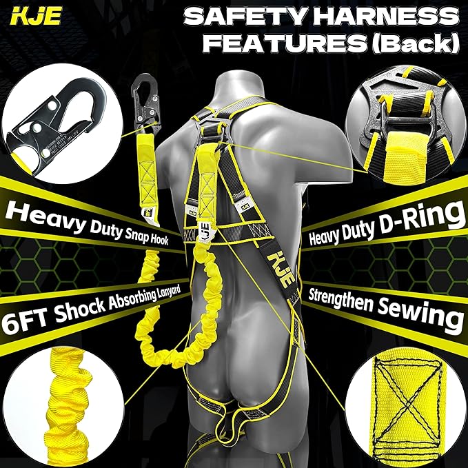 KJE Safety Harness Fall Protection Kit - Construction Roof Full Body Harness With 6FT Shock Absorbing Lanyard & Snap Hook, ANSI/OSHA