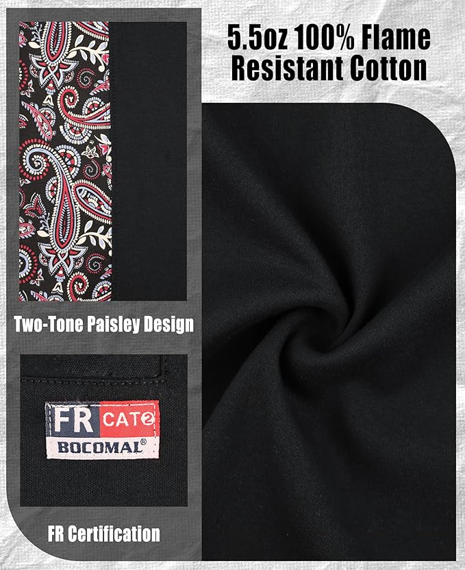 BOCOMAL FR Shirts Crewneck 5.5oz Lightweight Cotton Paisley Camo Two-Tone Flame Resistant Long Sleeve CAT2 Work Shirt