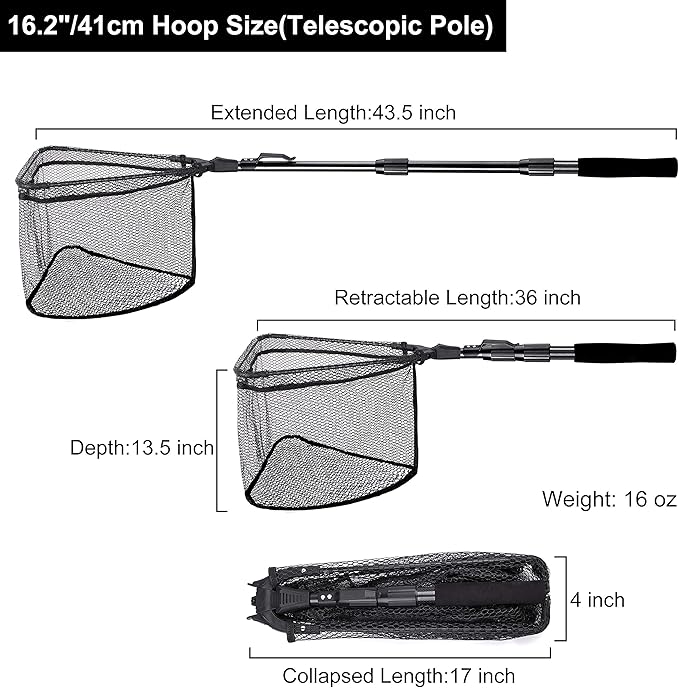 PLUSINNO Fishing Net Fish Floating Landing Net, Kayak Nets with Fixed Foldable Telescopic Pole Handle, Bass Trout Fishing Nets with Nylon Mesh for Pond Lake River, Fishing Gear Gifts for Men Anglers