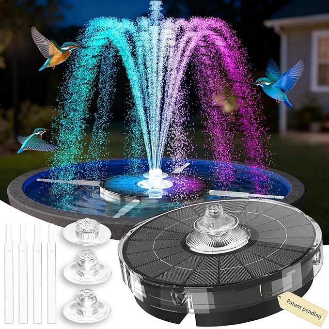 4000mAh Solar Fountain,2026 Solar Bird Bath Fountain Pump,3 Spray Solar Powered Water Fountain with Lights,Floating Birdbath Fountain Kit,DIY Water Bird Bath Fountain for Outdoor,Garden,Pond-White