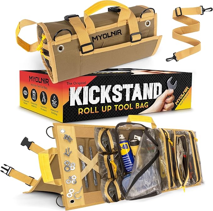 Roll Up Tool Bag Organizer With Kickstand - Compact Heavy Duty Motorcycle Tool Roll Bag Organizer - Portable Rollup Toolbag With Magnetic Panels & Transparent Pockets - Mechanic & Electrician