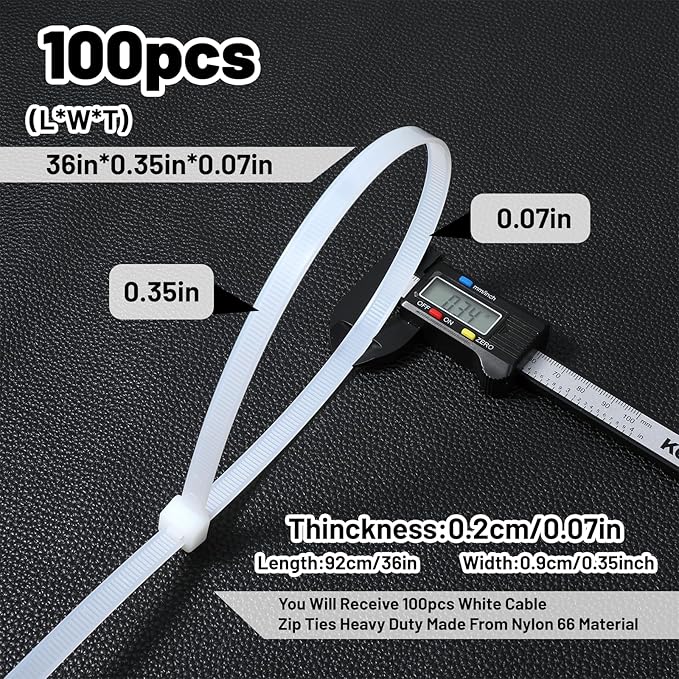 100 Pcs 36 Inch White Heavy Duty Zip Ties, Cable Ties, UV Resistant Nylon Tie Wraps for Indoor Outdoor Use, Bundling Fences, Awnings, Branches, Water Pipes