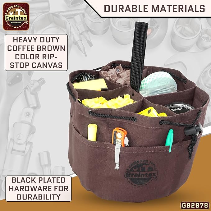 Graintex 18 Pockets Grab Bag Rip-stop Canvas Drawstring Closure, Small Part Organizer Pouch, Small Tools, Screws, Parts, Parachute Tool Bag for Efficient Storage - Coffee Brown