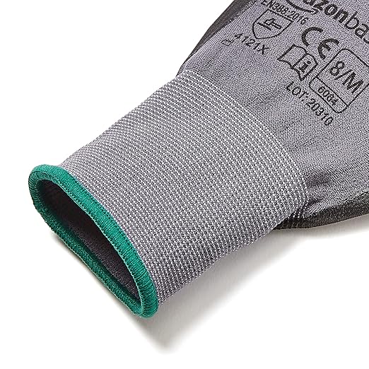 Amazon Basics Micro-Foam Nitrile Coated Safety Work Gloves, Nylon Liner Fiber, Touch Screen Compatible, Grey, Size 8, Medium, 6-Pack