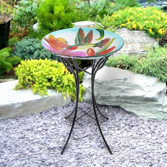 Teamson Home Handpainted Hummingbird Fusion Glass Birdbath Bowl Feeder with Metal Stand for Outdoor Patio Garden Backyard Decking, 21 Inch Height, Purple/Light Blue