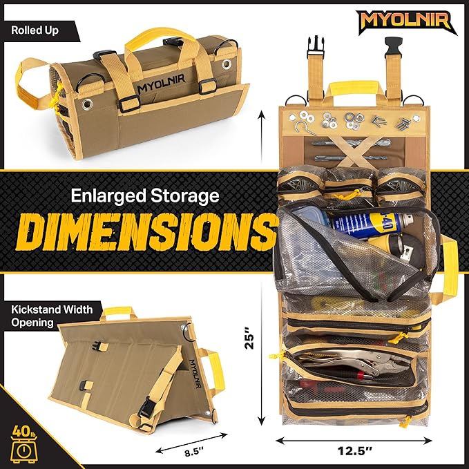 Roll Up Tool Bag Organizer With Kickstand - Compact Heavy Duty Motorcycle Tool Roll Bag Organizer - Portable Rollup Toolbag With Magnetic Panels & Transparent Pockets - Mechanic & Electrician