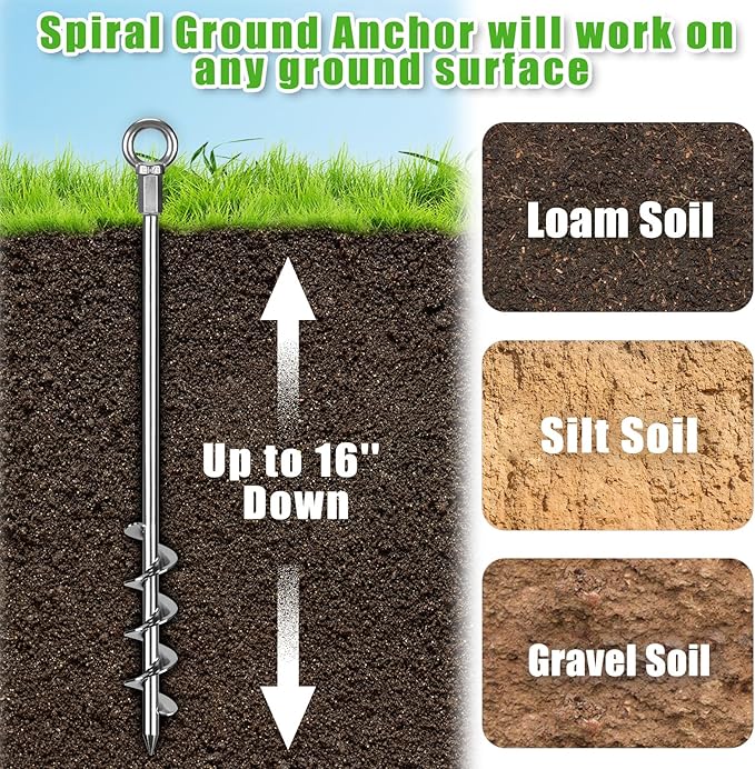 18" Heavy Duty Screw in Ground Anchors Kit, Spiral Windproof Earth Anchors for Trampoline, Shed, Swing Set & Mobile Home, Double-Sided Welded Spiral with Nut Driver Drill Bit (Set of 4)