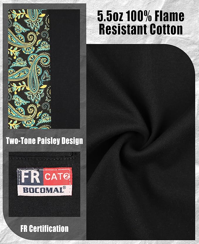 BOCOMAL FR Shirts Crewneck 5.5oz Lightweight Cotton Paisley Camo Two-Tone Flame Resistant Long Sleeve CAT2 Work Shirt