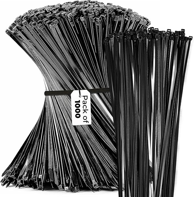 Bolt Dropper 1000-Piece Set of 8 Inch Black Zip Ties Heavy Duty - Self-Locking, UV-Resistant Nylon Cable Ties for Indoor and Outdoor Use, Ideal for Organizing, Securing, and Bundling Wires and Cables