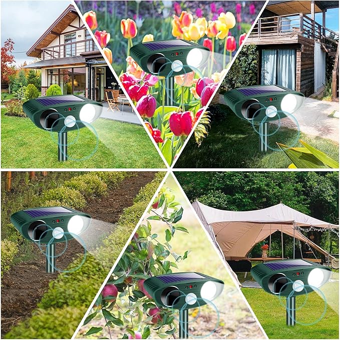 4 Pack Solar Ultrasonic Animal Repeller Outdoor Cat Deer Repellent Devices with Strobe Light,Animal Deterrent Devices for Squirrel Rabbit Raccoon Dog Skunk Repellent for Yard Garden Farm
