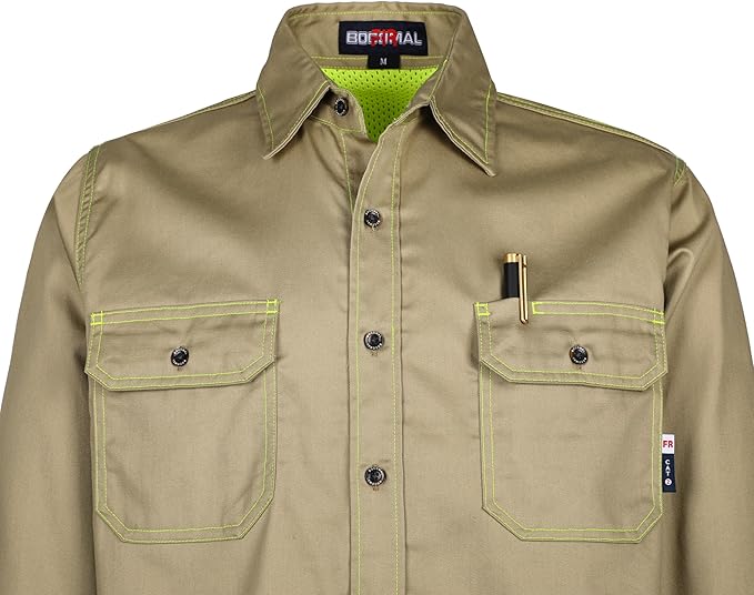 BOCOMAL FR Shirt for Summer Lightweight Vented Mesh Back and Underarm Breathable Flame Resistant Welding Button Down Shirts
