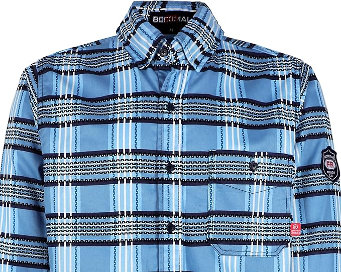 BOCOMAL FR Shirts for Men Printed Plaid Flame Resistant Clothing 6.5oz Cotton Button Up Welding Shirts NFPA2112 CAT2