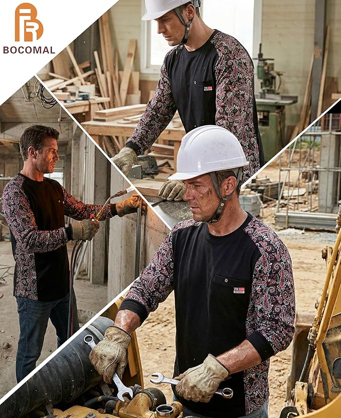 BOCOMAL FR Shirts Crewneck 5.5oz Lightweight Cotton Paisley Camo Two-Tone Flame Resistant Long Sleeve CAT2 Work Shirt