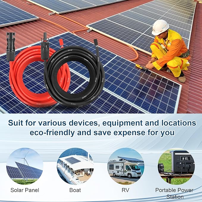 10 FEET 8AWG Solar Panel Extension Cable,8 Gauge Extension Cord, Solar Panel Wire with Extra Fair of Female and Male Quick Connectors Solar Adapter for RV, Off-Grid Systems (10FT Red + 10FT Black)