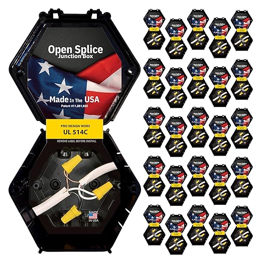 Open Splice Junction Box 25-Pack | UL 514C | One-Piece Polycarbonate Box, Code-Approved, Durable DIY Electrical Splice Enclosure in Black | Fast Installation for Safe Wiring Connections