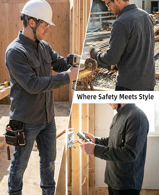BOCOMAL FR Shirts Button Down Dura-Light 6.5 oz Soft Heather Series Utility Chest Pockets Flame Resistant Work Shirt CAT2