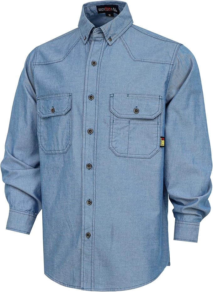 BOCOMAL FR Shirts Button Down Dura-Light 6.5 oz Soft Heather Series Utility Chest Pockets Flame Resistant Work Shirt CAT2