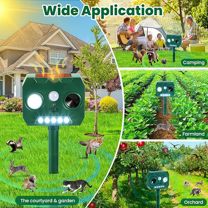 Solar Ultrasonic Animal Repellent Outdoor, 4 Pack Cat Squirrel Raccoon Bird Dog Deer Repellent Devices with PIR Motion Sensor ＆ LED Flash, Waterproof Animal Deterrent for Garden Yard Farm