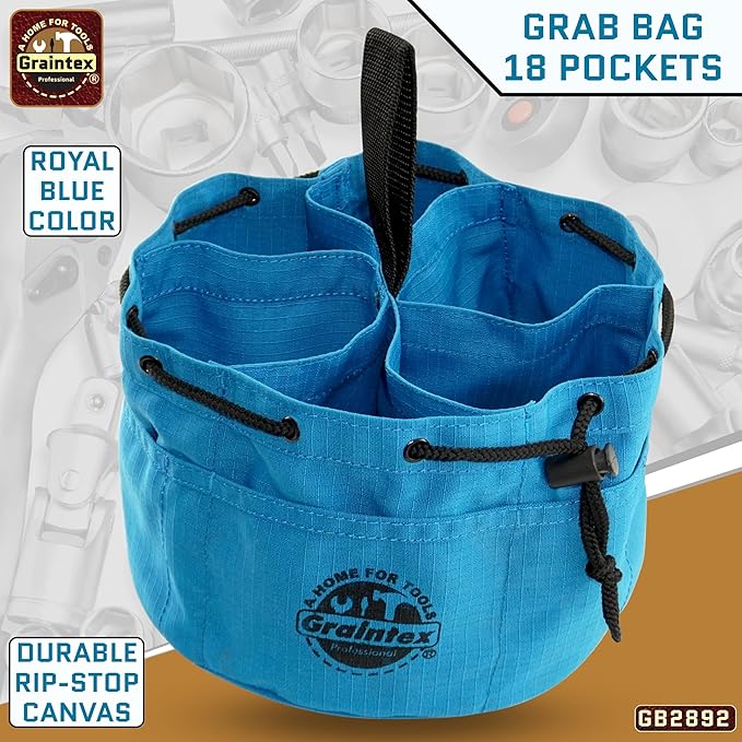 Graintex 18 Pockets Grab Bag Rip-stop Canvas Drawstring Closure, Small Part Organizer Pouch, Small Tools, Screws, Parts, Parachute Tool Bag for Efficient Storage - Royal Blue