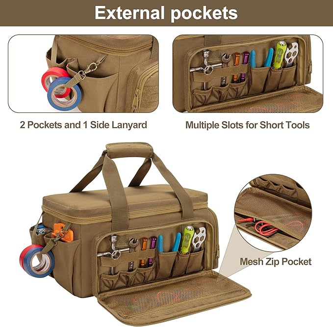 14-Inch Tool Bag with Anti-friction Bottom, Hand Tool Storage Organizer for Men, Tactical Range Bag, Multi-purpose Work Tote for Repairman, Carpenters, Handyman, Khaki
