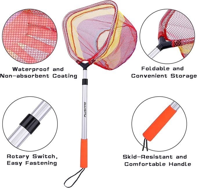 PLUSINNO Kids Fishing Net, Telescopic Lightweight Landing Net with Aluminum Pole Handle and Nylon Mesh, Catch and Release Butterfly Net for Kids Youth Outdoor