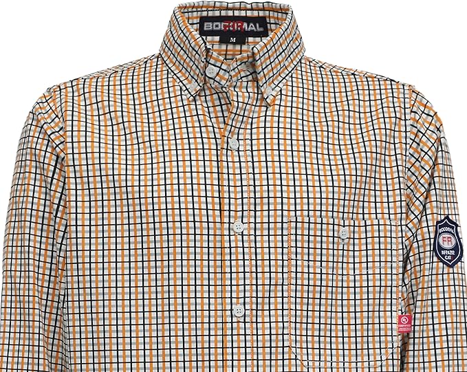 BOCOMAL FR Shirts for Men Printed Plaid Flame Resistant Clothing 6.5oz Cotton Button Up Welding Shirts NFPA2112 CAT2
