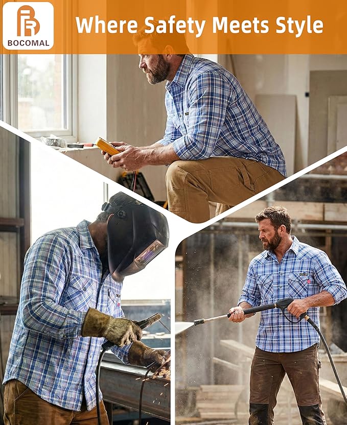 BOCOMAL FR Shirts Flame Resistant 100% C NFPA2112 7.5oz Men's Fire Retardant Welding Shirt