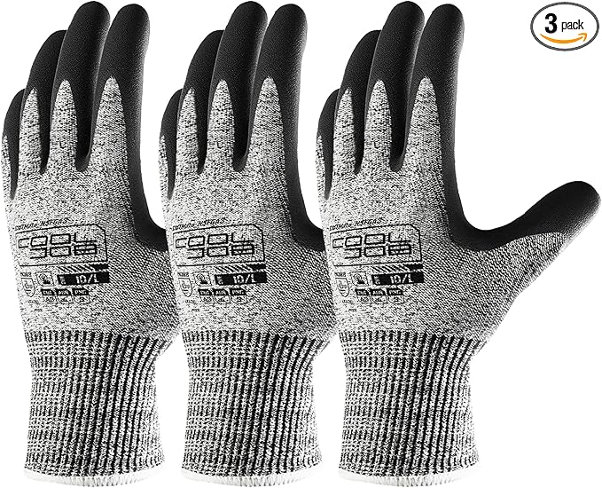 COOLJOB A3 Cut Resistant Fishing Gloves for Men, Touchscreen Safety Work Gloves with Grip Nitrile Rubber Coating for Glass Handling Wood Carving, Saltwater Fishing Gear, Grey, Large, 3 Pairs