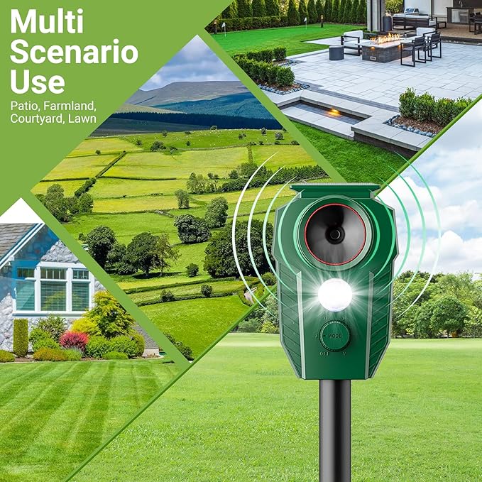 2026 Upgraded Solar Powered Animal Repeller 4 Packs, Ultrasonic Solar Powered Deer Repellent for Outdoor Yard Lawn Repel Coyote Raccoon Cat Deterrent with Motion Sensor & Flashing Light