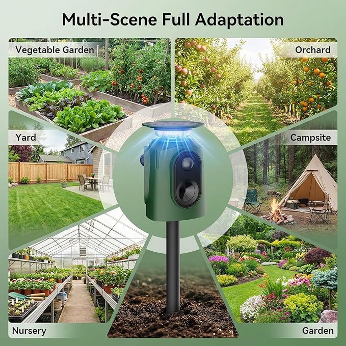 Cat Repellent Outdoor Solar Powered Ultrasonic Deer Repellent 360 Degree Animal Deterrent Squirrel Repeller with Flashing Light Outdoor Skunk Repellent Waterproof Yard Lawn Orchard Garden