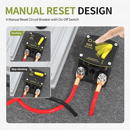 Waterproof Circuit Breaker 12V 60 Amp Marine & Car Circuit Breaker 12V-48V DC Manual Reset Switch for Vehicles ATV Boat Marine Trolling Motor Trailer 1 Pack