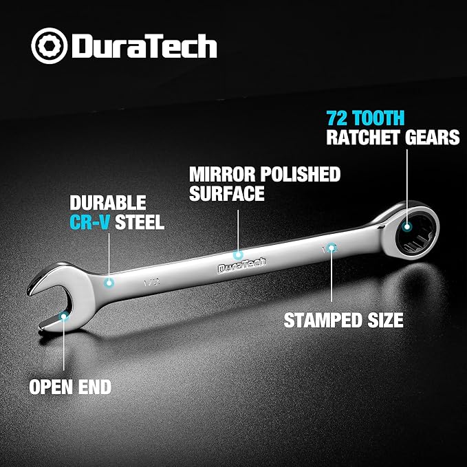 DURATECH 1/2" Ratcheting Combination Wrench, SAE, 72-Tooth, 12-Point, CR-V Constructed with Mirror Polish