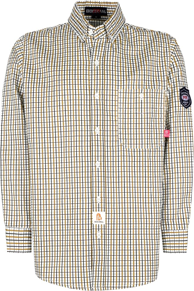 BOCOMAL FR Shirts for Men Printed Plaid Flame Resistant Clothing 6.5oz Cotton Button Up Welding Shirts NFPA2112 CAT2