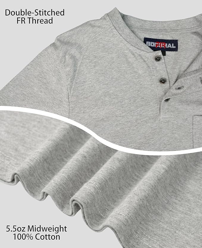 BOCOMAL Men's FR Henley Shirt Flame Resistant 5.5oz Cotton Long Sleeve Workwear UL NFPA2112 CAT2 Welding Tee
