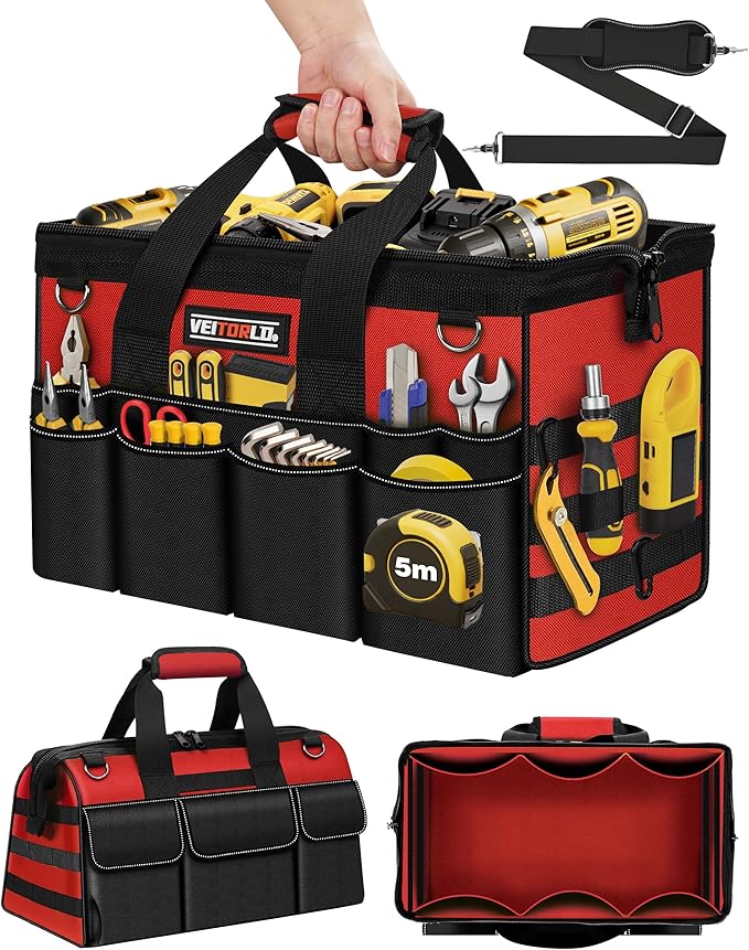 16-Inch Heavy Duty Tool Bag, 19-Pockets Tool Box Organizer, Portable Toolbag W/Soft Handle for Organized Storage, Mechanic Gifts for Men Dad Husband Fathers Day, Wide Mouth Electrician Toolbox, Red