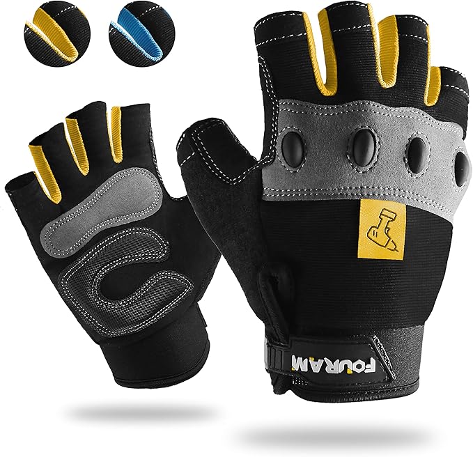 FOUR-AM Work gloves Men Fingerless Mechanic Gloves Shock-Grip, Anti-Collision For Men Women